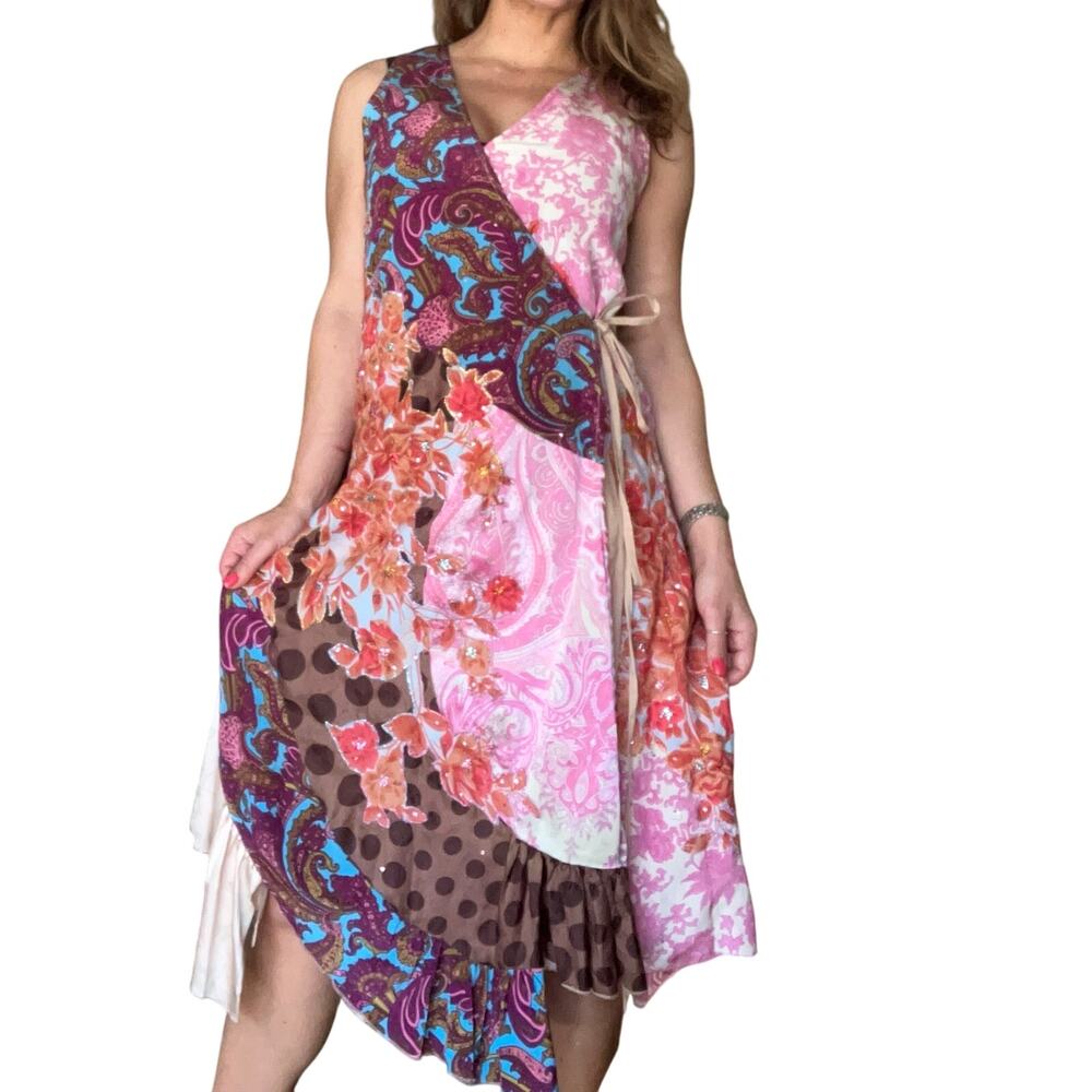 STELLA FOREST Patchwork Wrap Midi Dress Paisley Floral Polka Dot Size 38 Small S